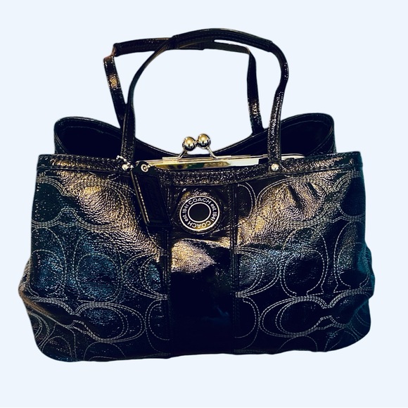 Coach Handbags - Coach 1941 Signature Black Patent Leather Large Glossy Kisslock Bag